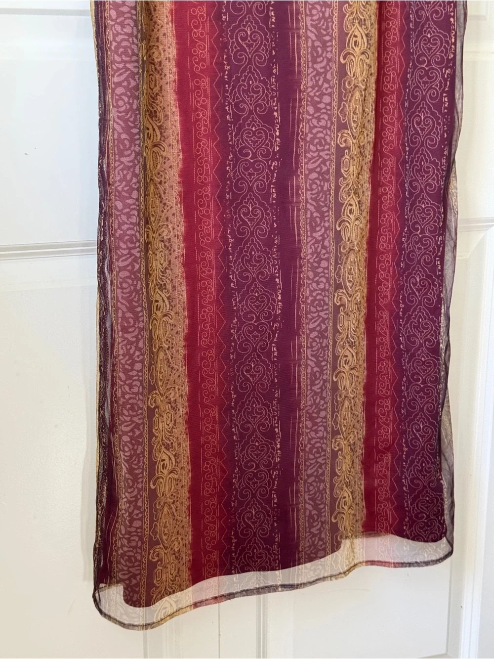 Vintage Y2K Boho Maxi Slip Dress Burgundy Gold Damask Scroll Stripe Mesh Size M - Picture 6 of 12